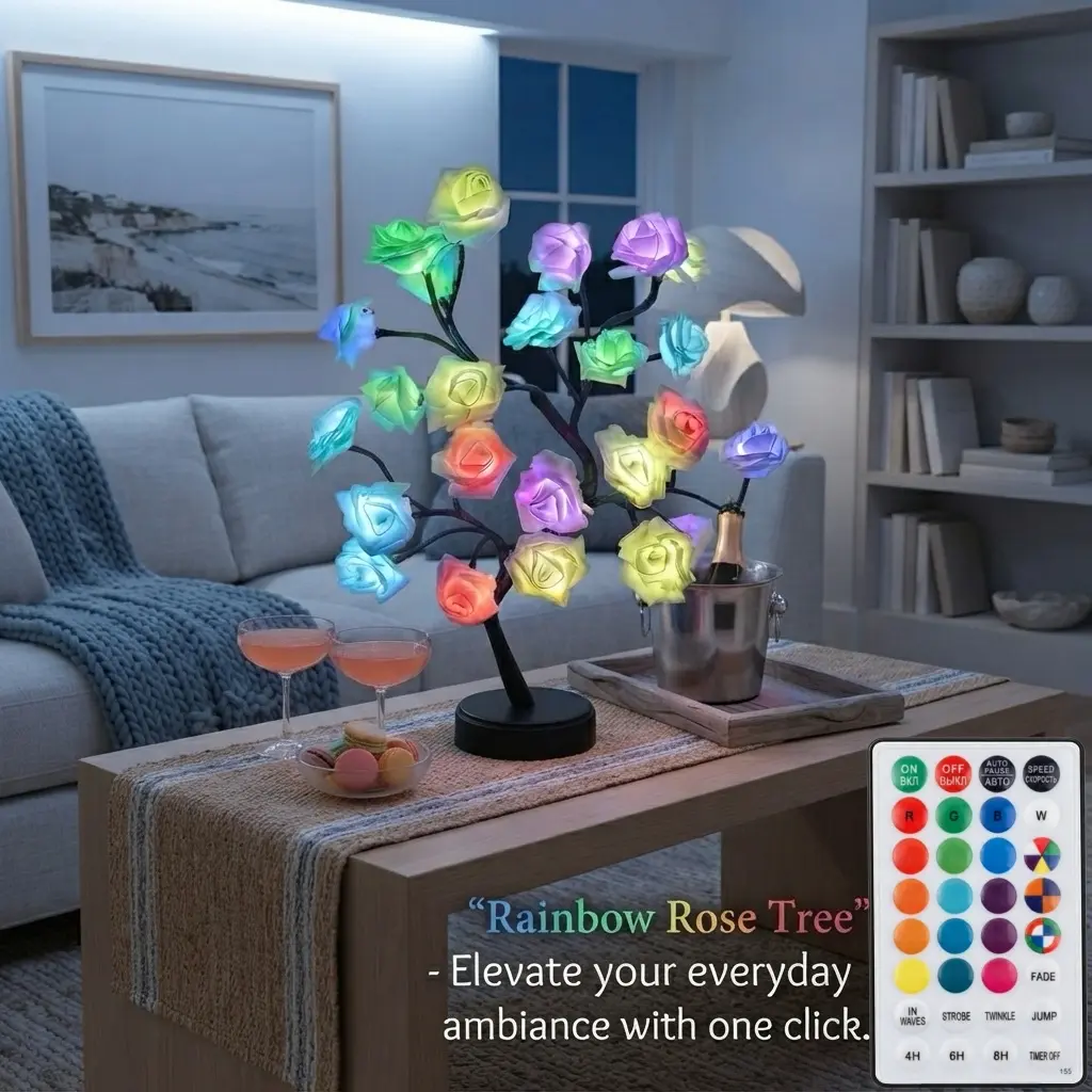 QOJOQ Starry Sky Rose LED Tree Light - RGB Color-Changing, Remote Control, Dual Power (USB/Batteries), Romantic Indoor Ambient Night Light for Bedrooms, Home Decor