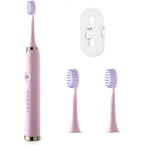 Electric Tooth for Adults, 5 Modes USB Rechargeable with 2 Extra Heads, Sonic Tooth with 2-Minute Timer, IPX7 Waterproof, Soft Bristles (Pink)