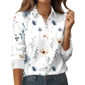 Womens Button Down Shirt Long Sleeve Blouse Business Work Tops Dressy Casual Floral Printed Outfits with PocketGift
