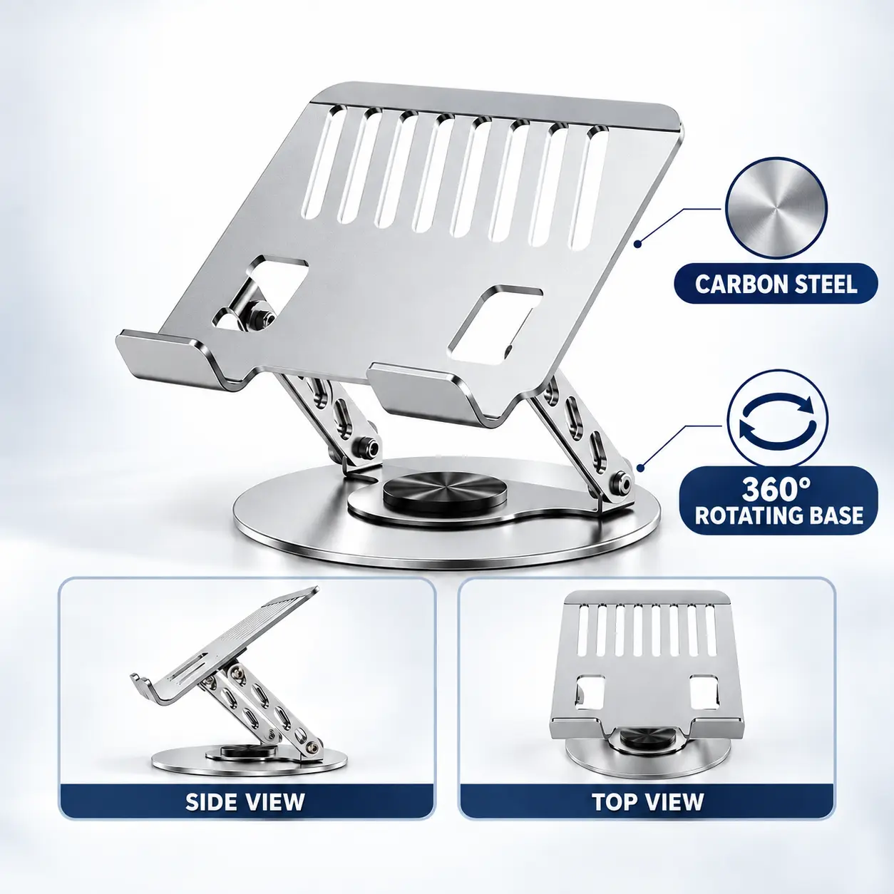 360° Rotating Laptop Stand for Desk, Adjustable Carbon Steel Laptop Riser with Ergonomic Height & Angle Adjustment, Foldable Dual-Arm Computer Holder with Ventilated Cooling Design for Home Office, Work & Study