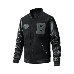 Men's Letter Patch Pocket Sports Jacket, Casual Long Sleeve Stand Collar PU Leather Coat for Autumn & Winter, Stylish Designer Apparel Fitted(Sheets)