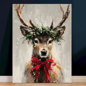 Mounted Christmas Reindeer Wall Art with Holly Wreath and Red Bow - 12"x16" (30x40cm) Winter Deer Canvas Print, Soft White/Green/Golden Tones - Ready-to-Hang Holiday Decoration, Suitable for Christmas, New Year, Home Decoration (Mounted Painting), 2D Flat