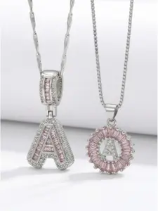 Women's Pink CZ Initial Letter Necklace Set, 2Pcs Baguette Cut Cubic Zirconia Alphabet Pendant Necklaces, 26 Letters Copper Plated Silver Round Flower Iced Out Necklaces for Women Girls