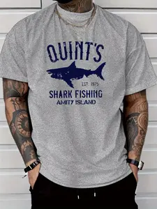 Men's Quint's Shark Fishing T-Shirt, Round Neck Retro Classic Jaws Movie Inspired Graphic Tee, Amity Island Est 1975 Vintage Casual Short Sleeve Top, 70s Style Fishing Apparel for Men, Trending 2026 Viral TikTok Gift for Movie & Fishing Enthusiasts