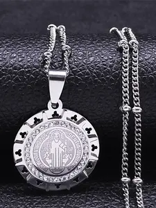 Catholic Saint Benedict Medal Statement Religious Faith Necklace for Women Men Stainless Steel Silver Color San Benito Religious Chain