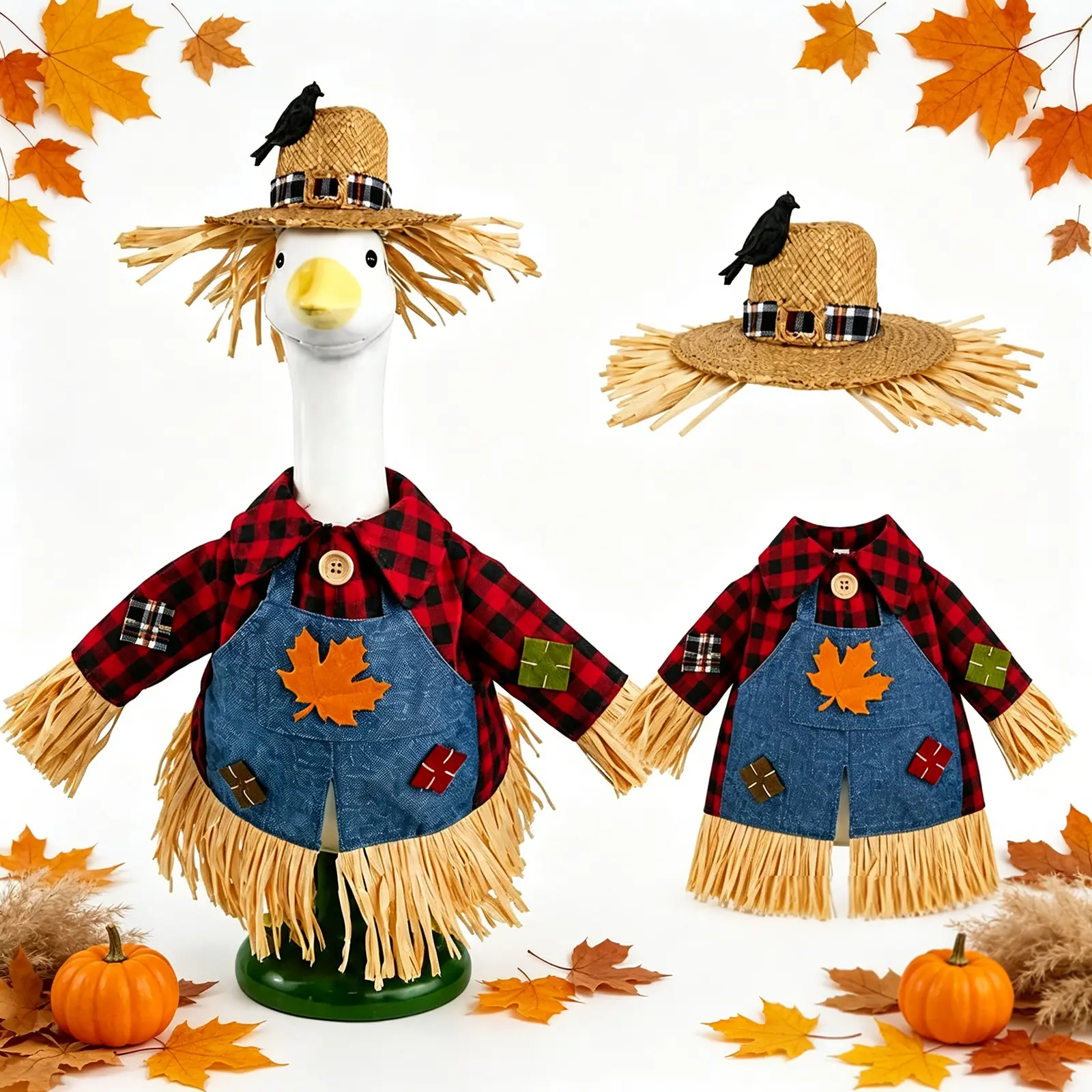 Scarecrow Porch Goose Outfits, Fall Thanksgiving Lawn Goose Statue Scarecrow Costume for 23" Lawn Geese, Autumn Halloween Goose Clothes for Outdoor Garden Patio Yard Decor