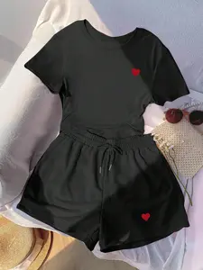 Women's Heart Print Casual 2 Piece Outfits, Soft Cotton Blend Short Sleeve T-Shirt & Drawstring Shorts Set, Cute Graphic Lounge Sets for Summer Daily Wear, Pajamas, Streetwear, Beach Vacation, Comfy Loose Fit Loungewear for Ladies, Trendy Cozy Matching Se