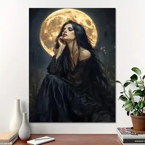 Vintage Gothic Victorian Moonlight Lady Mural - Solid Wood Framed  Art, Ready to Hang Home Decor  Canvas  Art  Newspaper brand wall Abstract Black Gold Ink Splash poster