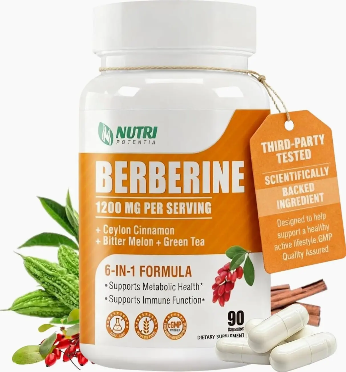 Organic GLP-1 Berberine Supplement-Berberine with Ceylon Cinnamon, Bitter Melon & Green Tea Extract, Supports Cholesterol Health & Immune Function. Third-Party Tested(Made & Tested in USA)-90 Capsules