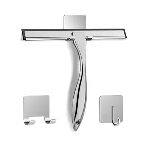 Stainless Steel Shower Squeegee – Glass Door, Tile, Mirror & Car Cleaner with 2 Adhesive Hooks, Bathroom, Window & Household Cleaning Tool