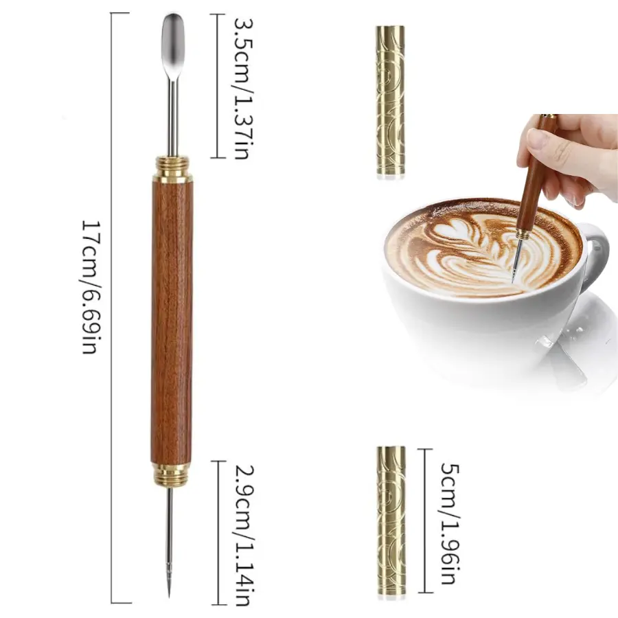 Latte Art Pen with Rosewood Handle, 304 Stainless Steel Coffee Needle & Mini Sculpting Spoon, Vintage Brass Cap, Latte Pen for Coffee Foam Etching, Coffee Bar Accessory