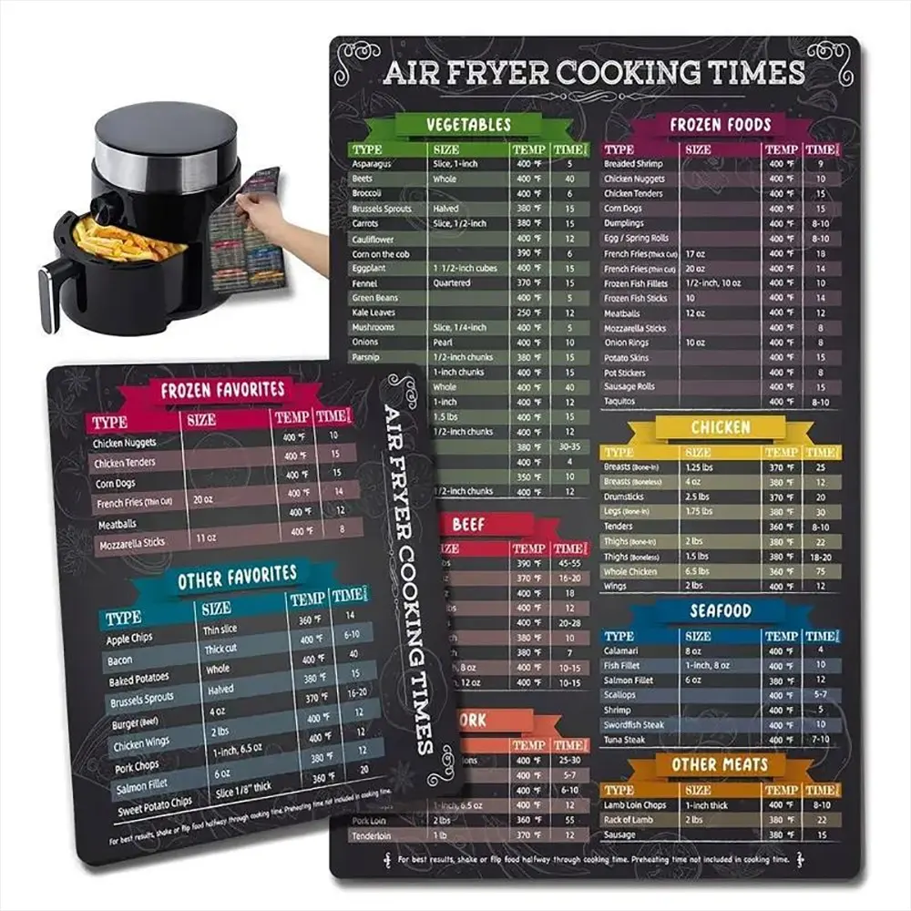 Magnetic Air Fryer Cooking Time Table, 2pcs/set Air Fryer Magnetic Sticker, Kitchen Refrigerator Magnet, Magnetic Cooking Guide for Air Fryer, Refrigerator, Fridge, Home Kitchen Decoration, Magnets For Fridge, Magnetic Item
