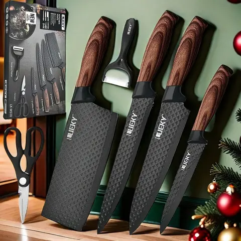 6-Piece Kitchen Knife Block Set - Ergonomic Wood Handle, Dishwasher-Safe Stainless Steel Tools (Chef, Cleaver, Paring & Scissors) for Frozen Meat, Boneless Cutting, Long-Lasting Sharpness Stylish Kitchenware