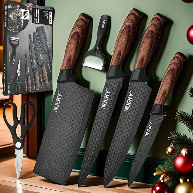 6-Piece Kitchen Knife Block Set - Ergonomic Wood Handle, Dishwasher-Safe Stainless Steel Tools (Chef, Cleaver, Paring & Scissors) for Frozen Meat, Boneless Cutting, Long-Lasting Sharpness Stylish Kitchenware