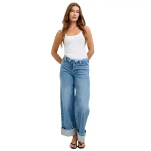 Judy Blue Mid Rise Fold Over Waistband Straight Denim Jeans Style #881100
