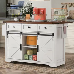 ARCH K&K 53.7" Farmhouse Kitchen Island with Power Outlet, 2 Sliding Barn Doors, Drop Leaf, Spice Rack & Rolling Wheels, Kitchen Organization Solution for Home, Dining Room, White