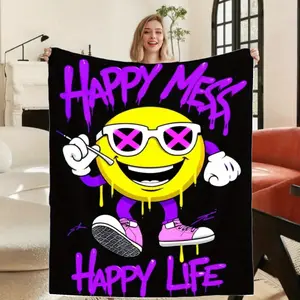 Happy Mess Happy Life Joyful Face Throw Blanket Retro 80s Neon Pink Yellow Design Soft Flannel Bedspread for Couch Bed Travel Machine Washable Gift for Friends Family All Season Cozy Decor Black Base Neon Lettering Vibrant Joyful Face Fashion Glasses Snea