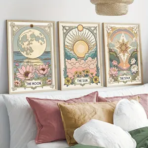 3pcs Retro Sun Star Moon Tarot Art Prints Retro Plant Wall Art Vintage Wall Art Bohemian Style Floral Canvas Poster Celestial Wall Decoration Astrology Gift for Living Room Bedroom Kitchen Office Cafe Bar Dormitory Corridor Home Decoration, Frameles