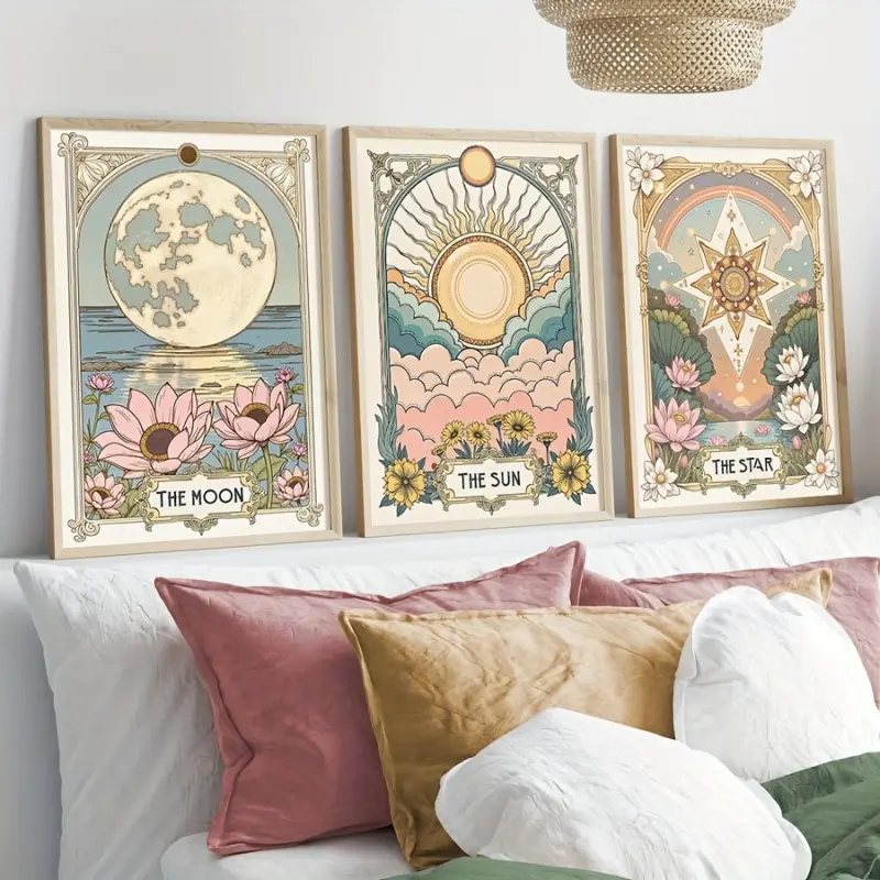 3pcs Retro Sun Star Moon Tarot Art Prints Retro Plant Wall Art Vintage Wall Art Decorative Wall Art Bohemian Floral Canvas Poster Celestial Wall Decoration, Artwork, Astrology Gift for Home Decoration, Frameles