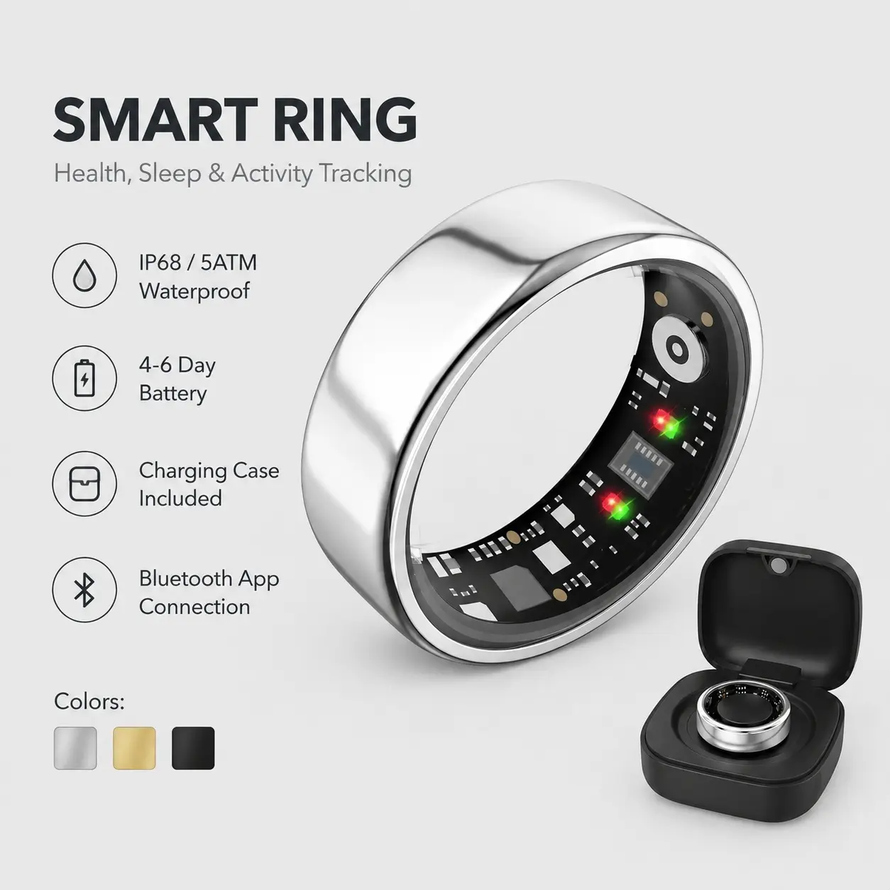 Quriov Smart Ring - Waterproof Steel Wearable Device Tracker with Sleep & Heart Rate Monitoring, Automatic Android Compatibility, Wireless Connection, Charging Box, Compact Durable Gift for Men & Women