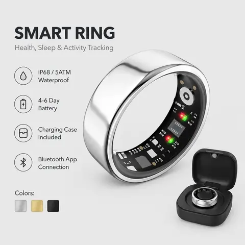 Quriov Smart Ring, Waterproof Tracking Fitness Ring with Sleep, Heart Rate Monitoring, Stylish Wearable for Men & Women Gift, Wireless Connection, with Charging Box, Running Watch, Compact Durable