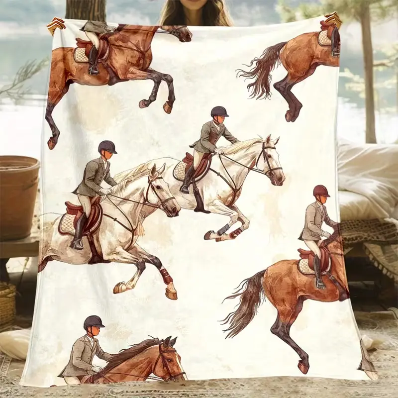 Vintage Watercolor Equestrian Show Jumping Horse Flannel Throw Blanket, Soft Fuzzy Plush Blanket for Couch Bed Dorm, All Season Cozy Warm, Great Gift for Horse Lovers Equestrian Girls, Farmhouse Cottagecore Rustic Aesthetic Bedroom Living Room Home Decor