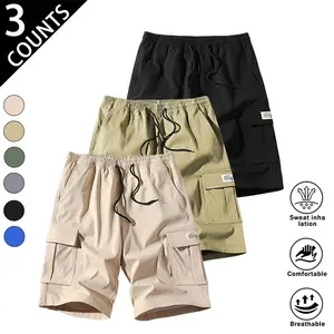 *3-pack men’s loose drawstring cargo shorts, summer quick-dry casual athletic shorts, trendy versatile knee-length design, large front pockets, menswear, men’s apparel, sports shorts