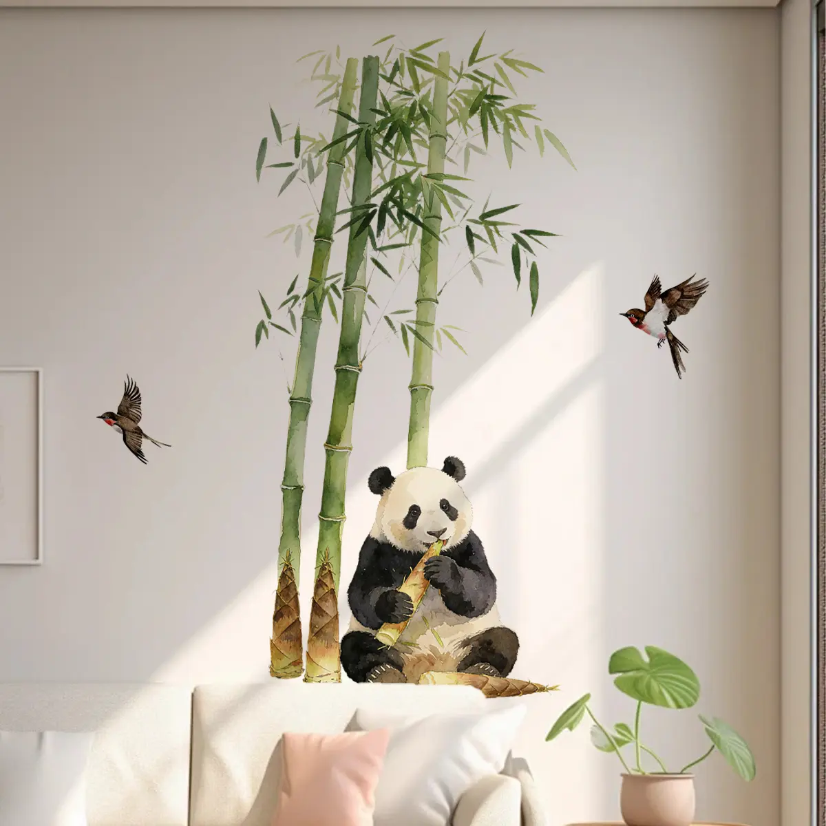 A self-adhesive wall sticker of cute baby pandas with bamboo and bamboo shoots in a nursery theme (30*60cm), for decorating and beautifying living rooms, hallways, corridors and children's rooms, Decorative Sticker