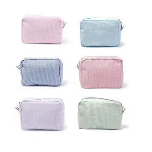 Striped Ruffle Makeup Bag Large Capacity Travel Cosmetic Organizer for Women Girls Cute Zipper Toiletry Pouch Seersucker Fabric Easy Glide Zipper Portable Makeup Case