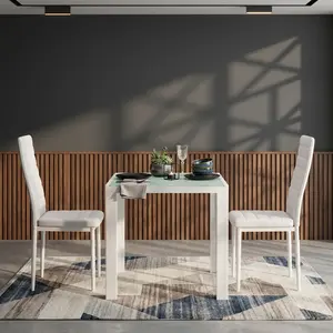 3 Piece Square Dining Table Set for 2, Modern Tempered Glass Tabletop Iron Frame Dinette with Ergonomic PU Leather Upholstered Chairs, Space Saving Kitchen Dining Room Living Room Furniture for Small Apartment Household Use