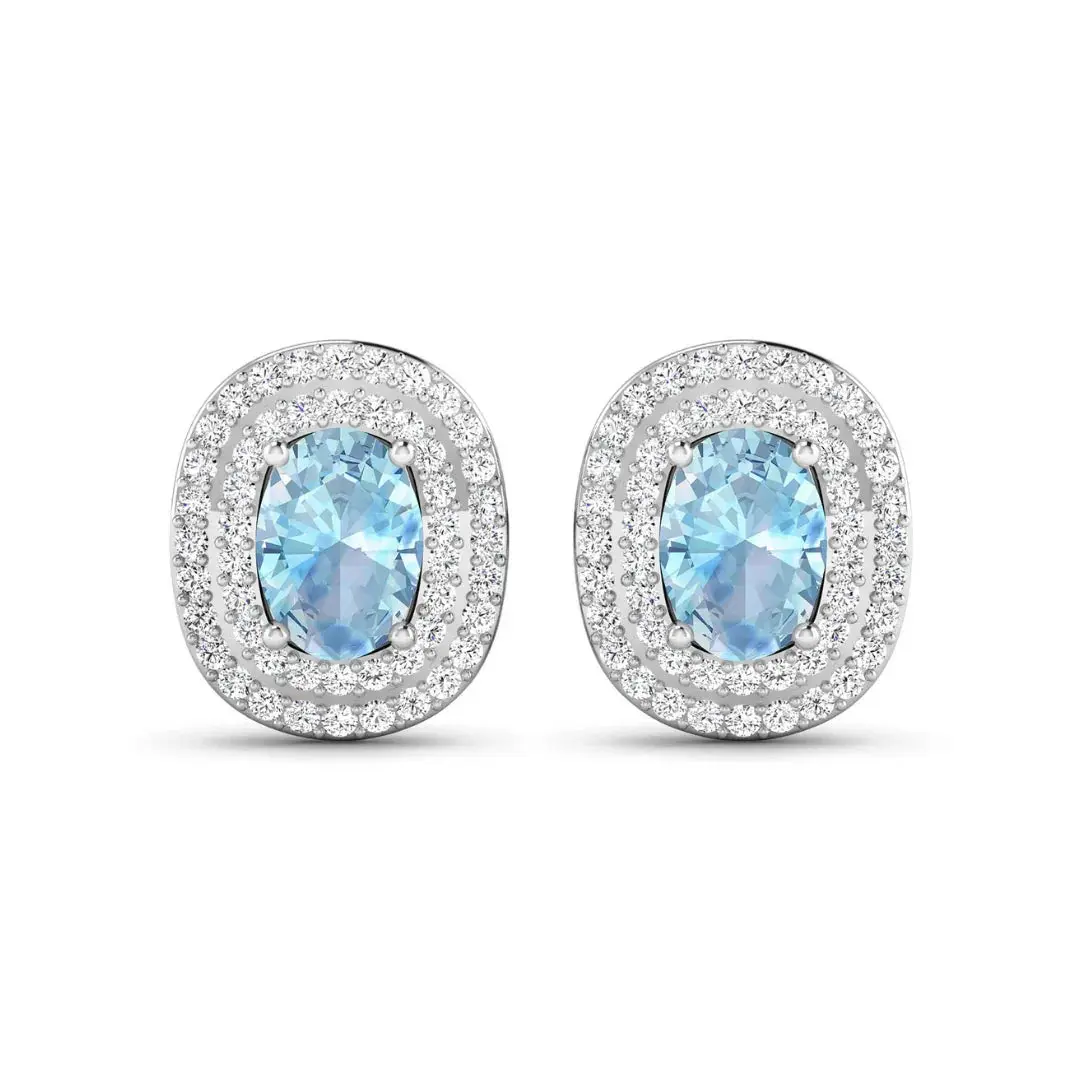 Genuine Diamond and Aquamarine Oval Stud Earrings