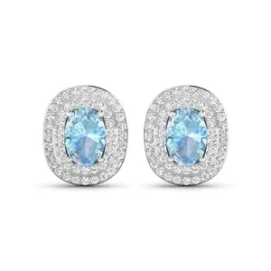 Genuine Diamond and Aquamarine Oval Stud Earrings