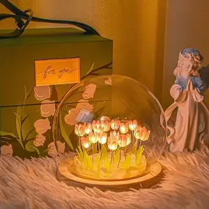 DIY Tulip Flower Night Light With Glass Cover Wooden Base LED Night Lamp Table Desk Lamp Home Decor Handmade Bedside Light For Xmas Gifts