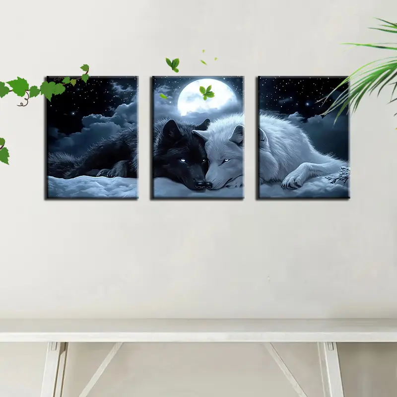 Glossy Waterproof Wooden Framed Canvas Art - 3 Wolf Howling at Moon, Black and White Wolf Pack, Moonlit Starry Sky, 2D Flat Design, Animal Print, Multi-Size, Ready-to-Hang Fantasy Home Decor for Living Room, Neutral Wall Decoration