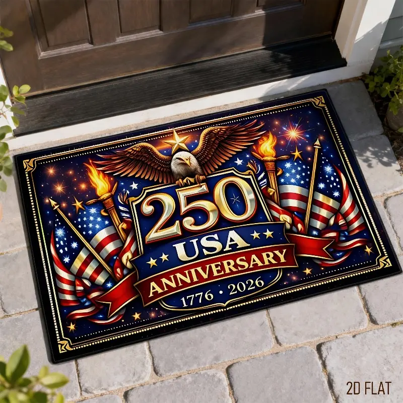 250th Anniversary Patriotic Floor Mat - Blue Printed, Bright Color Welcome Rug in Red and Blue, Non-Slip Backing, Easy-to-Clean Design, Ideal for Home Entrance Decor, Blue Printed Doormats, Bright Color Doormats