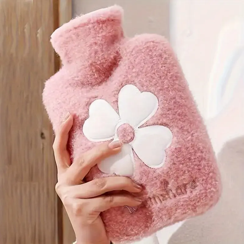 hot water bottle with plush cover, cute flower hot water bag, leakproof rubber hand warmer, winter heating pack, reusable hot water pouch, body pain relief warmer, portable winter thermal gift