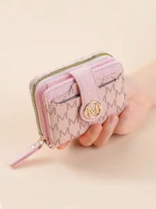 New Pink  Lychee Grain Letter Wallet - Multi-Card Slots Short Style, Thick Retro Fashion Small Women's Bag with Coin Purse, Korean Cute & Compact