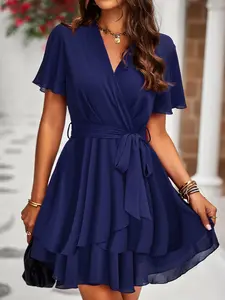Women's Plain Ruffle Frill Tiered Layer Wrap Belted Zipper Ruffled Dress, Boho V Neck Butterfly Sleeve A Line Dress for Summer, Ladies Clothes for Beach Holiday Vacation Womenswear
