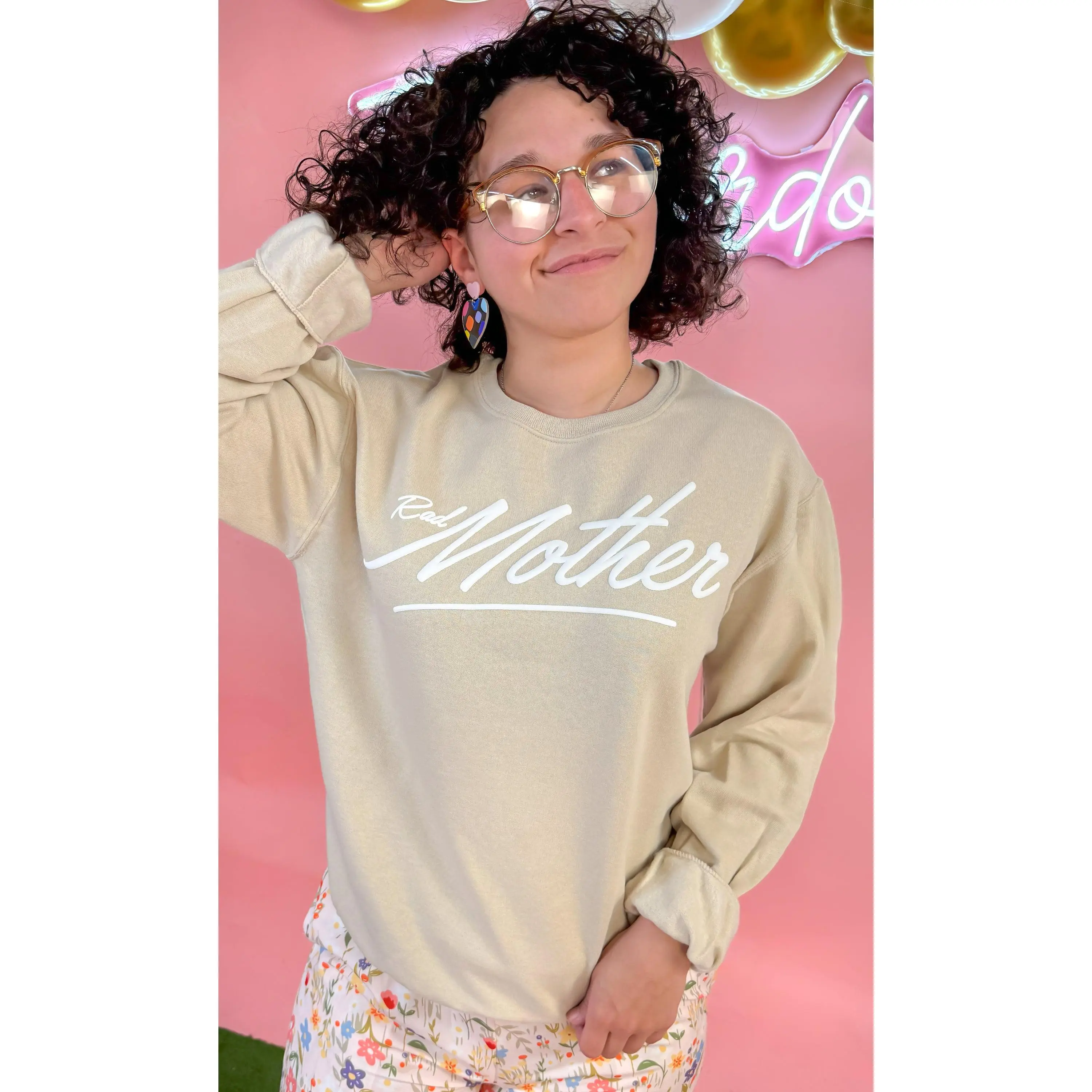 Women's Fitted Long-Sleeve Cotton-Polyester Hoodie Top - Rad Mother Vibe Graphic Print, Round Neck, Comfortable Everyday Casual 1-Piece Sweatshirt for School