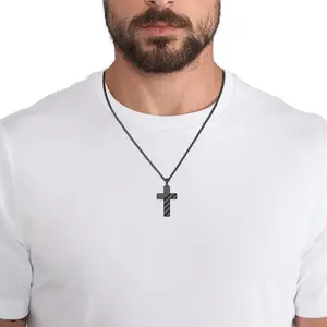 Men’s Stainless Steel Black Cross Necklace – Bible Verse, American Flag Pendant, Faith-Inspired Patriotic Jewelry, Bold Chain, Great Birthday Gift