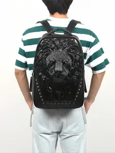 3D Lion Head Backpack Punk Rivet Unisex Bag, Large Capacity Street Style Computer Bag, Trendy Men's and Women's Shoulder Bag