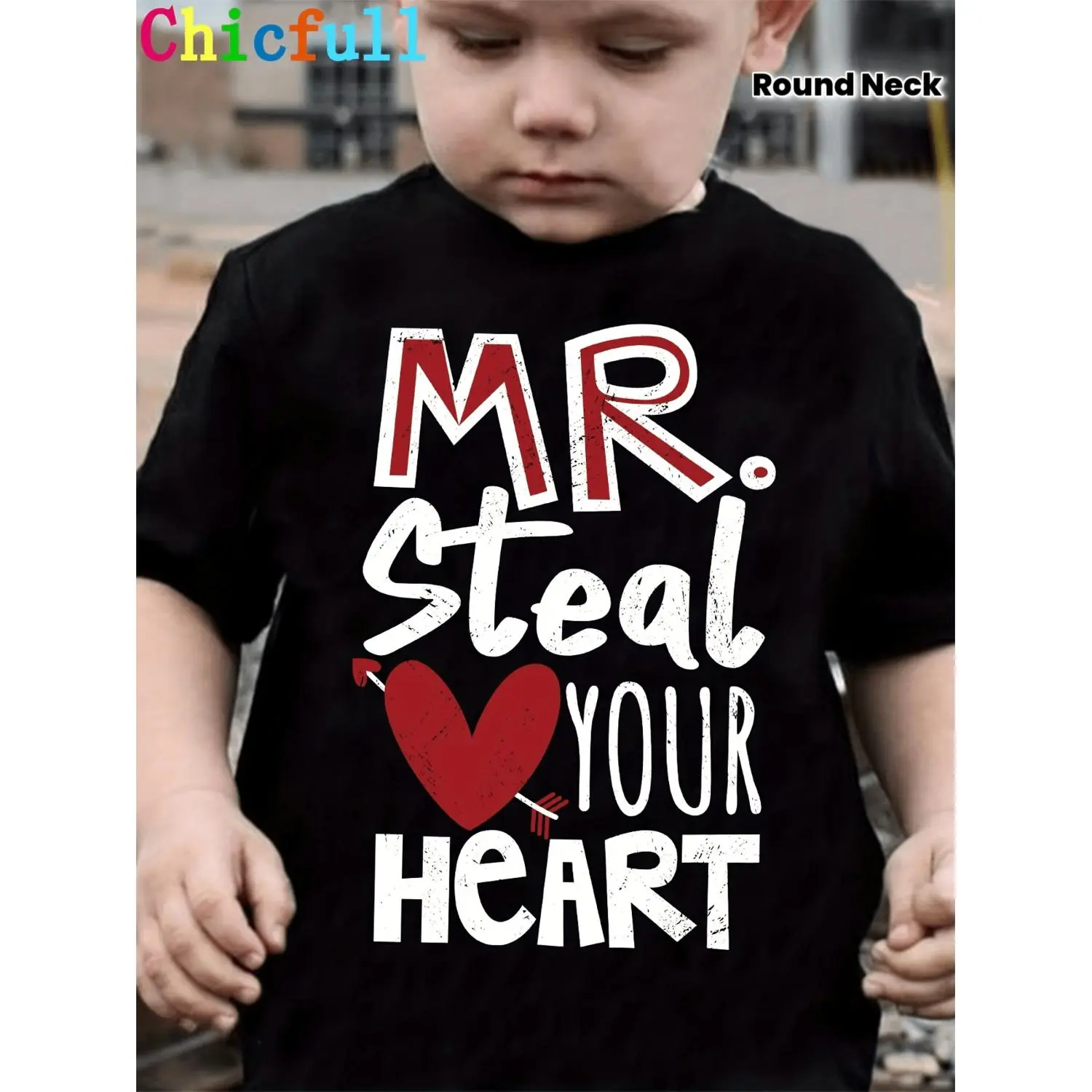 [Boys' Valentine's Tee] CHICFULL Boys' Mr. Steal Your Heart T-Shirt - Cute Valentine's Day Heart Print Tee with Mr. Steal Your Heart Lettering, Round Neck Casual Summer Top, Machine Washable for Care ( &)