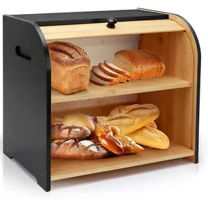 Double Layer Bamboo Bread Box, Black Roll Top Bread Storage Container with 3 Adjustable Height for Kitchen Countertop, Organizer for Homemade Bread