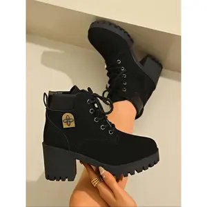 Women's Combat Boots with Laces, Stylish Preppy Letter Decor, Trendy Daily Wear Shoes, Fashionable College Style Footwear