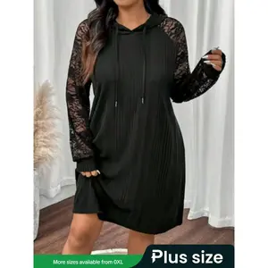 Plus Size Women's Casual Lace Patchwork Hooded Dress, Long Sleeve Drawstring Fall Winter Fashion, Comfortable and Stylish, Boho Style Dresses