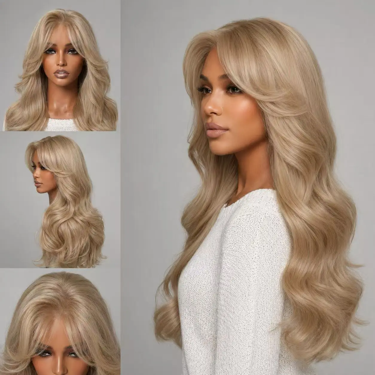 ShineTheory-Ash Blonde Body Wave Lace Front Wig, Glueless HD Transparent Lace Synthetic Wig with Layered Bangs for Women