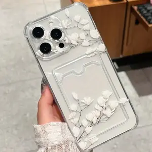 Elegant White Magnolia Floral Card Slot Case | Shockproof for iPhone 16/15/14/13/12/11 Pro/Pro Max/Plus Series Casing Transparent Flowers Protective