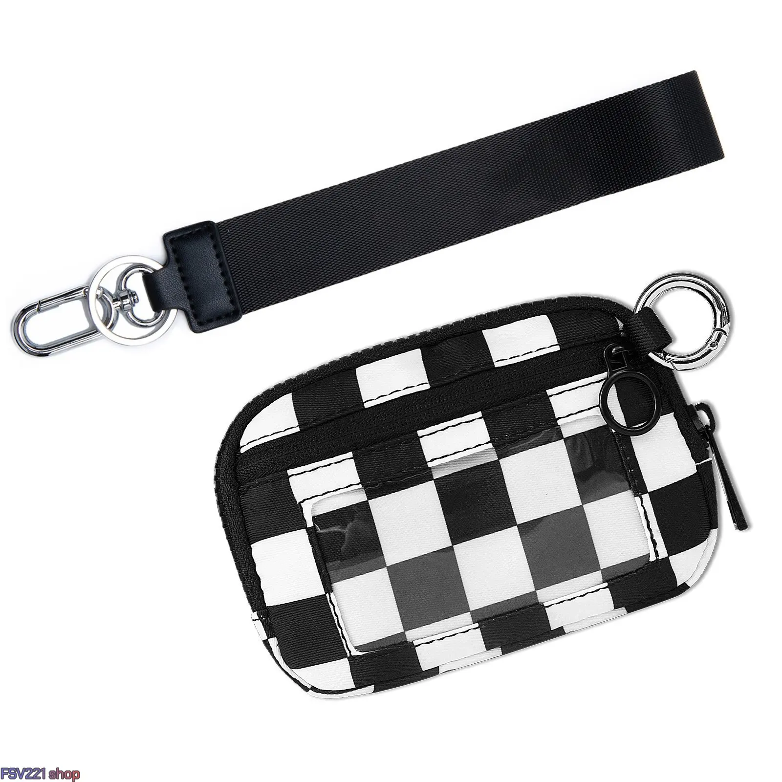 Checkered Mini Wristlet Pouch - RFID-Blocking Heavy-Duty Water-Resist Nylon Card Case with Zipper, ID Window, Detachable Strap, Compact & Secure for Travel, Water‑Resist Fabric