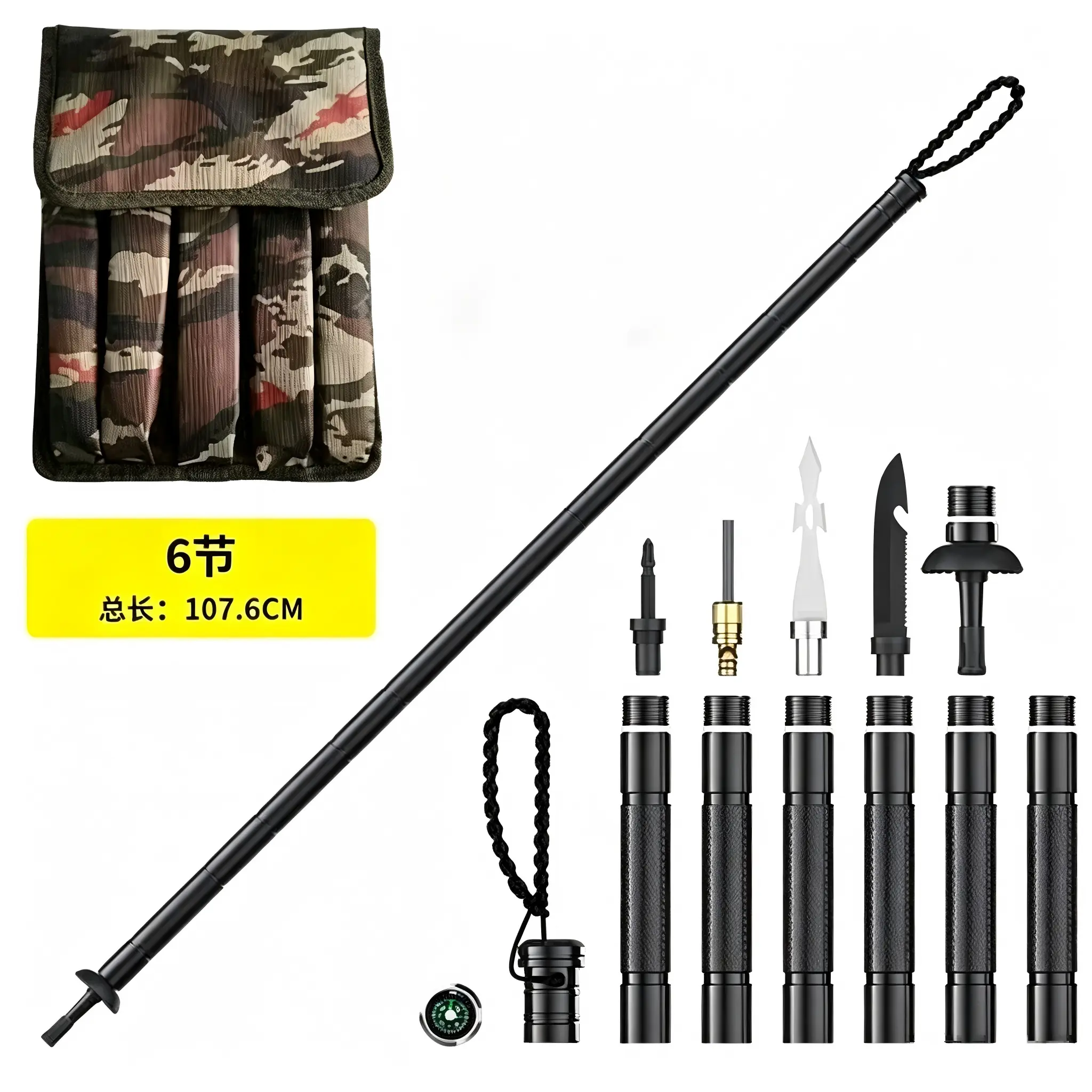 Tactical Trekking Pole - Multi-Function Retractable Hiking Stick & Outdoor Survival Gear with Compass & Multi-Tools for Camping