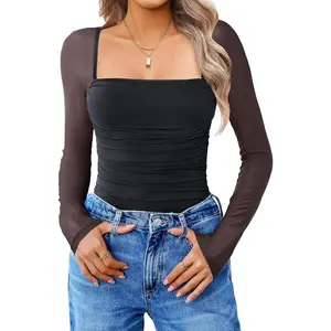 Women's Square Neck Mesh Long Sleeve Bodysuit Shirts Ruched Body Suit Sexy Sheer Tops Date Night Outfit2026